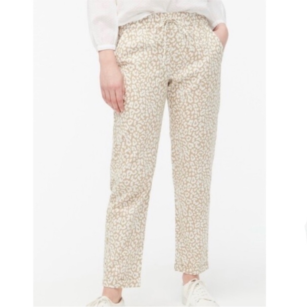 J. Crew Leopard Linen High Rise Elastic Waist Tapered Ankle Pant Boho Tan 10